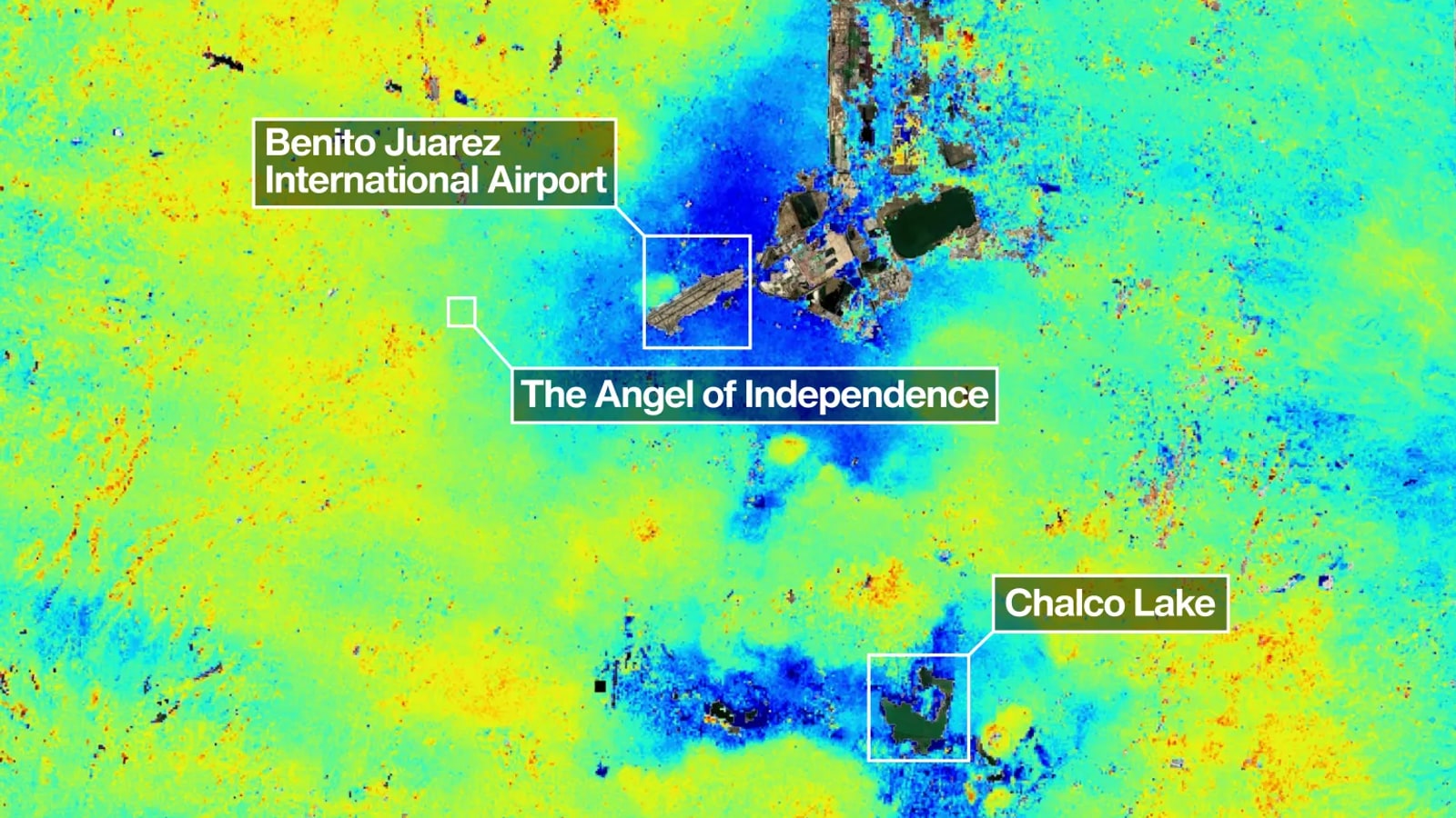 NISAR satellite radar map of Mexico City showing land subsidence in dark blue, with Benito Juarez International Airport, the Angel of Independence, and Chalco Lake annotated